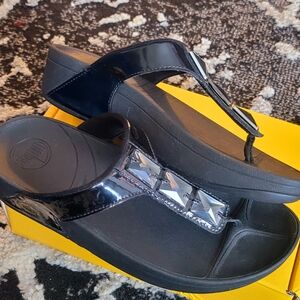 Black Women's Wedge Flip-Flop Sandals with Gem Accents